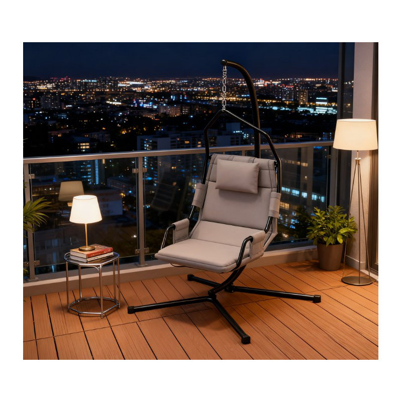 Balancelle suspendue intérieure / extérieure avec support et coussin, structure en acier durable, Gris