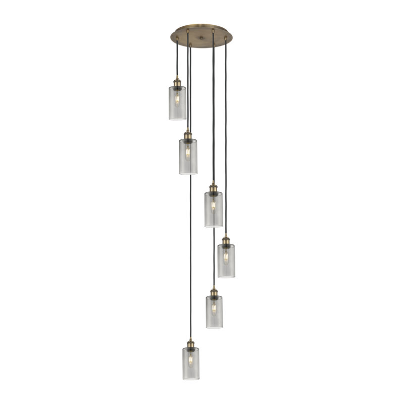 Caius - Luminaire suspendu 6 lumières à cordon, Laiton brossé, H 132,88 po x l 15,75 po, Gris fumée clair