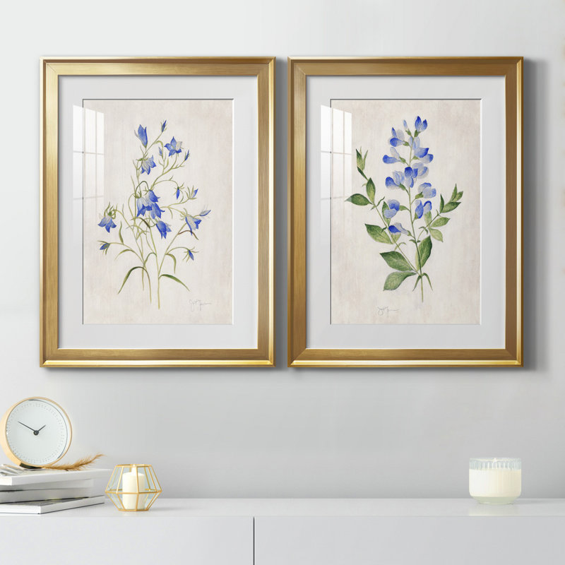 «Blue Botanical I», ensemble de 2 reproductions d'art, Papier encadré doré, Blanc, H 18,5 po x l 49 po x P 1,5 po