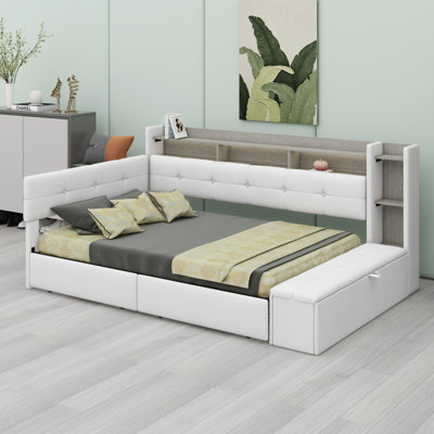 Upholstered Daybed Frame with Storage Footstool, Shelves, Drawers, USB Charging Port & LED Lighting