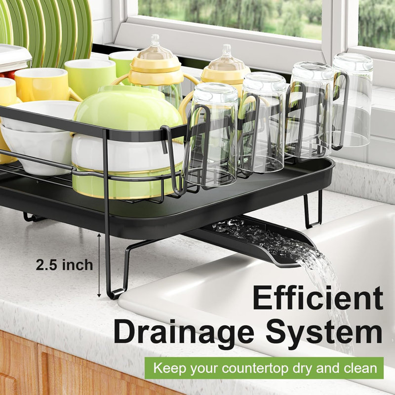 Expandable Stainless Steel Dish Drying Rack With Utensil And Cup Holders For Kitchen Counter