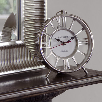 Roman Numeral Metal Quartz Movement / Crystal Tabletop Clock in Silver