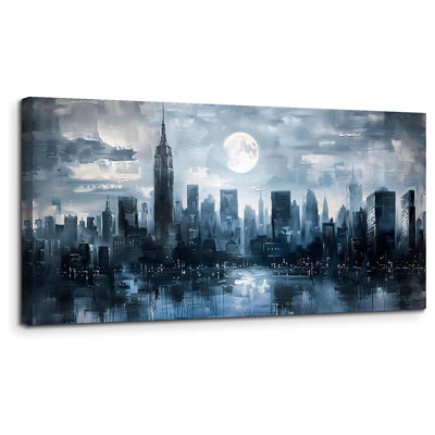 Art mural de New York, art moderne abstrait urbain, lune nuit, peinture sur toile, photos impressionnistes bleues, salon, chambre à coucher, impressions d'art de bureau 20 po x 40 po