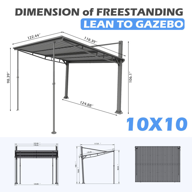 Domi 10x10 FT Hardtop Gazebo, Freestanding or Wall Mounted Metal Pergola, Gray, 10 ft x 10 ft