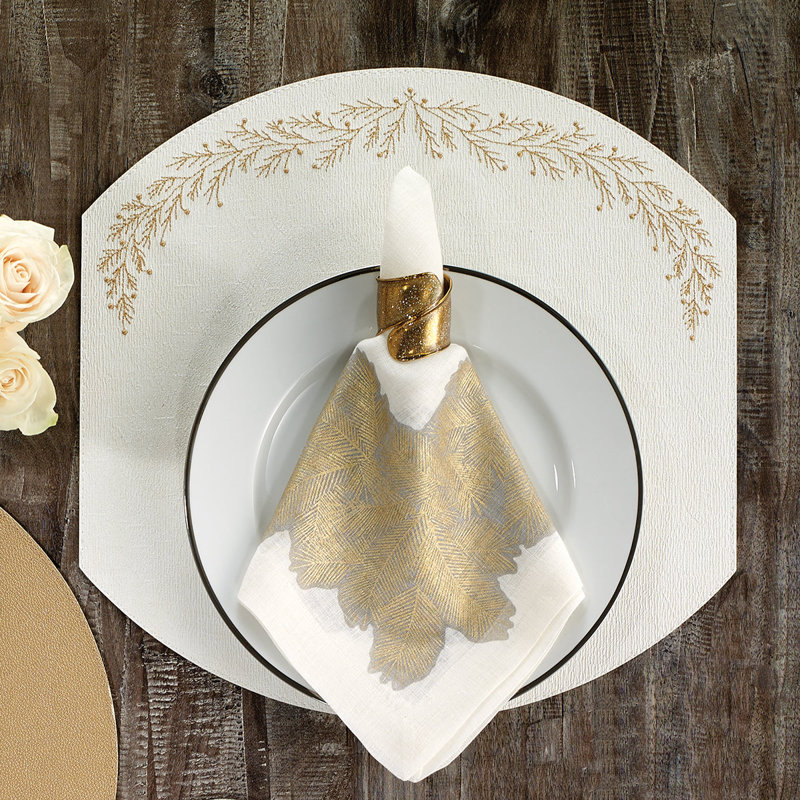 Spruce Linen Napkins, White/Antique Gold