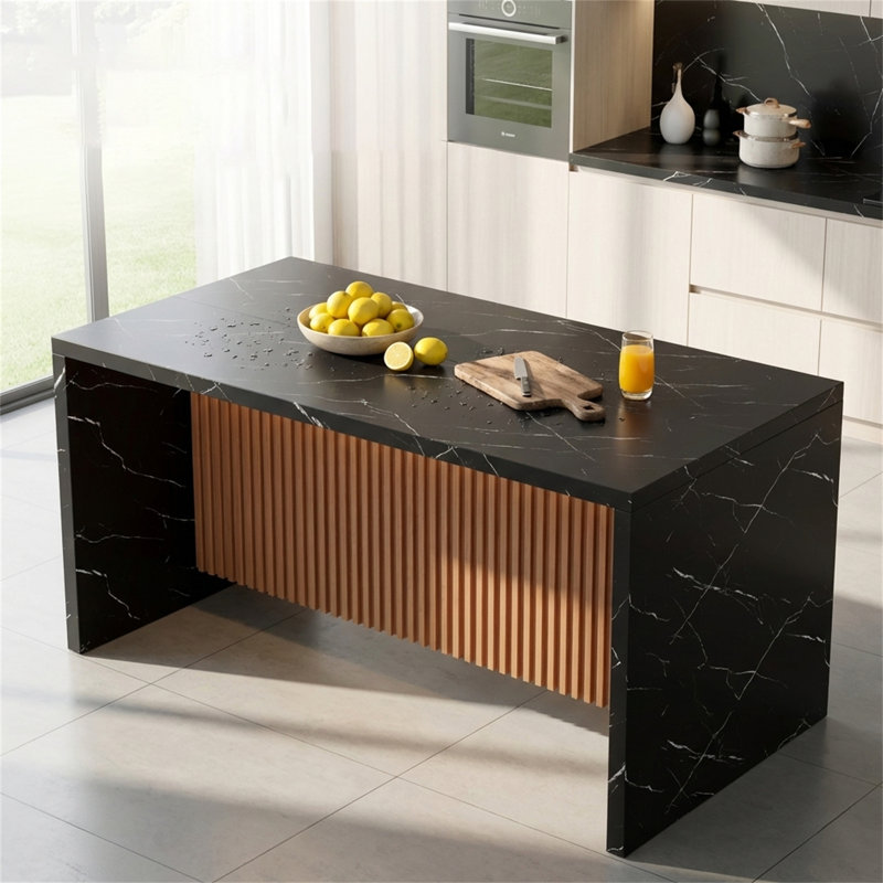 Grande table de salle à manger moderne à DEL avec texture en marbre noir, grand îlot de cuisine de 67 po