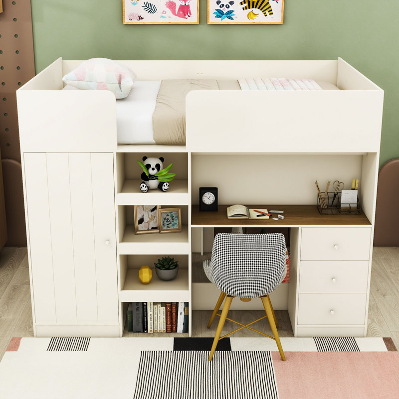 Lit mezzanine double avec garde-robe et bureau intégrés, Beige