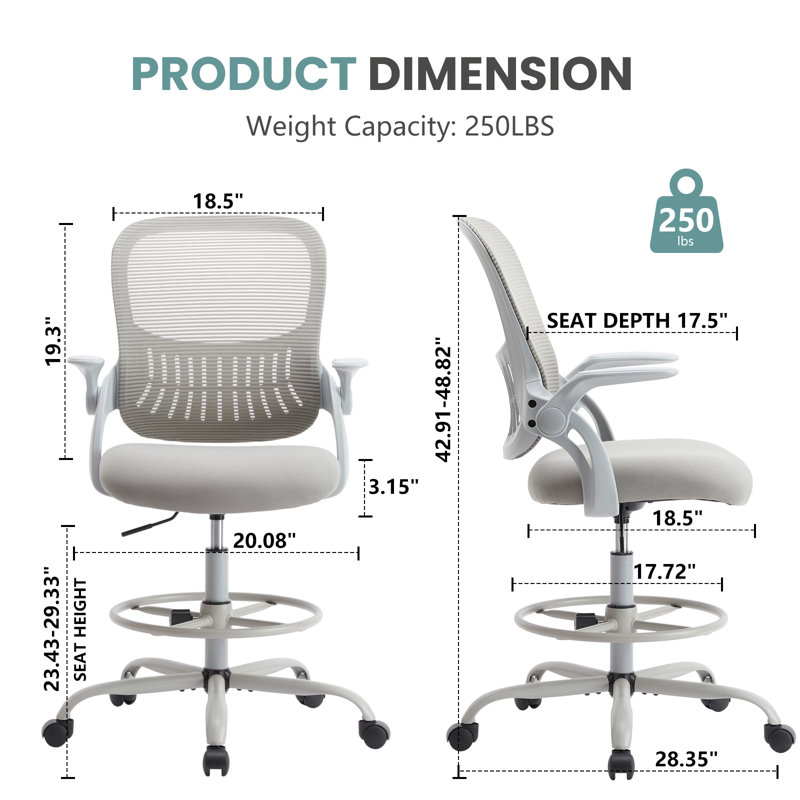Ergonomic Mesh Drafting Chair Tall Office Chair With Adjustable Footrest Ring, Gray