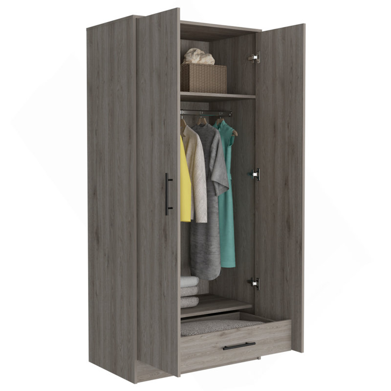 Armoire Ambery 180, deux tablettes, double porte, tringle en métal, un tiroir - gris clair