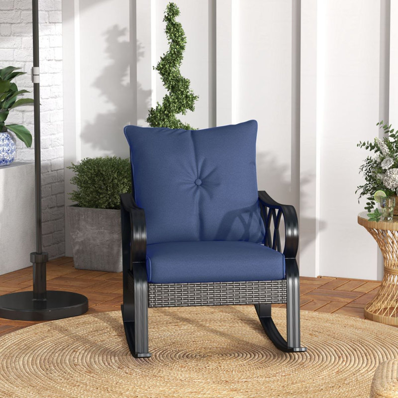 Outdoor Wicker Rocking Chair Aluminum Rattan Porch Rocker Chair With Armrest, Navy