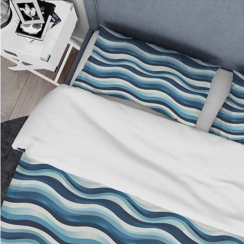 Ensemble de housse de couette Modern White Waves IV - blanc et bleu, Housse de couette pour grand lit et 2 taies décor