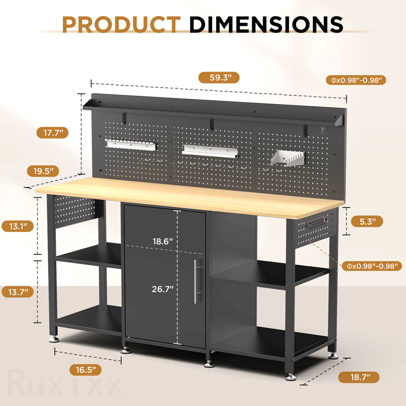Établi robuste de 60 pouces avec armoire de rangement, plateau en bois, capacité de 2000 lb, grande table de travail de garage avec panneau perforé, prise de courant
