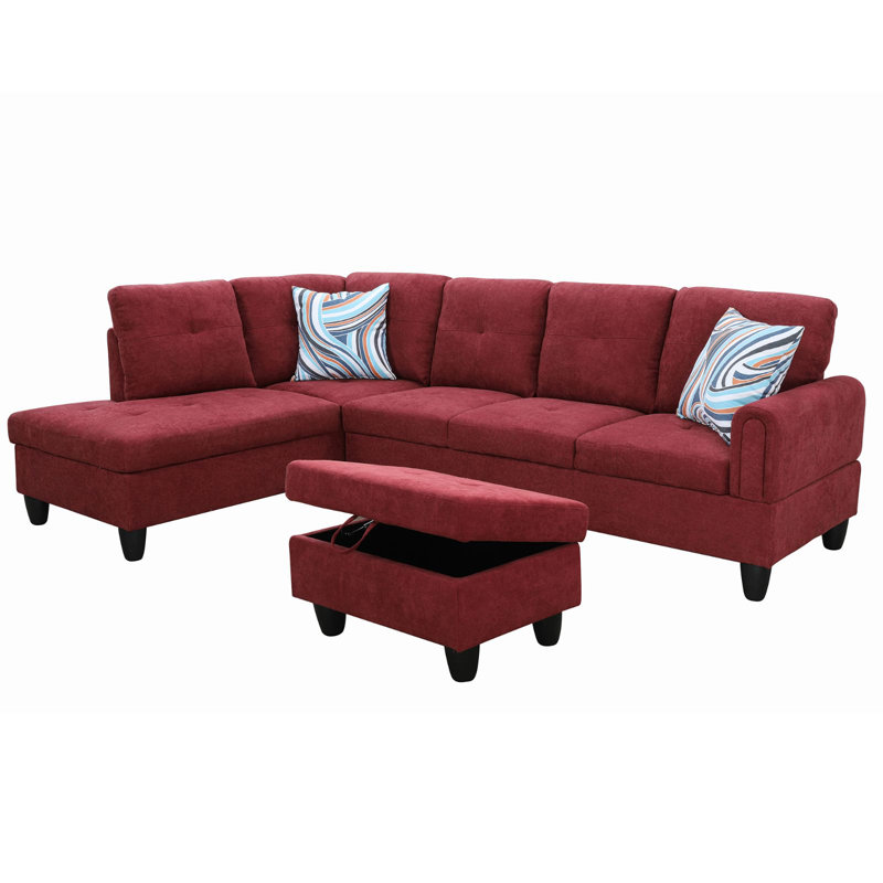 Tatman 97" Wide Velvet Left Hand Facing Sofa & Chaise with Ottoman, Red Velvet, Left Hand Facing