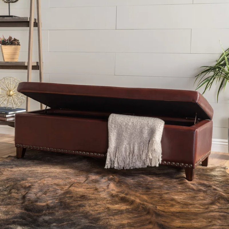 Stylish Leather In Chestnut With Nailhead Trim - 50.44W X 19.95D 15.95H, Generous Interior Storage Contemporary Modern Tufting Available