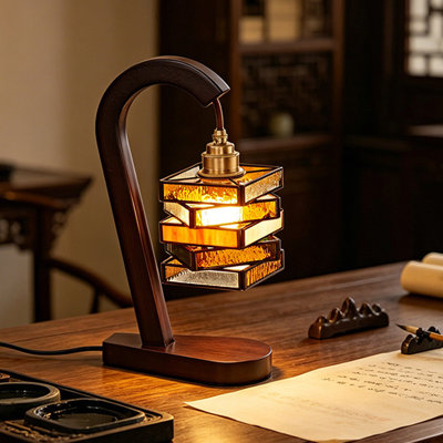 Petite lampe de table moderne en bois massif brun avec abat-jour en verre pour le salon de la chambre à coucher, ampoule incluse