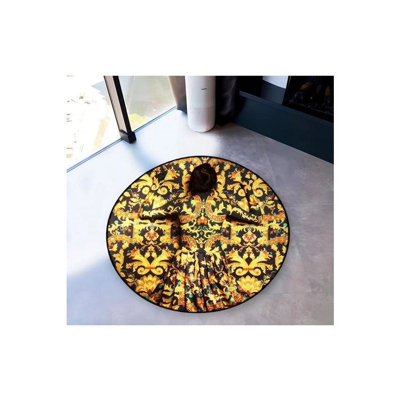 Yellow Black Themed Motif Abstract Woman Patterned Round Woven Base Vintage Decorative Carpet, Round 5'