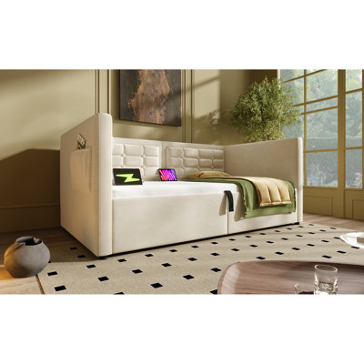 Twin Size Velvet Upholstered Daybed With Hydraulic Storage, & Type - C Charging, Wooden Slats, And Back For A Cozy Bedroom Setup Storage Bed Frame, Back, A  Upgrade