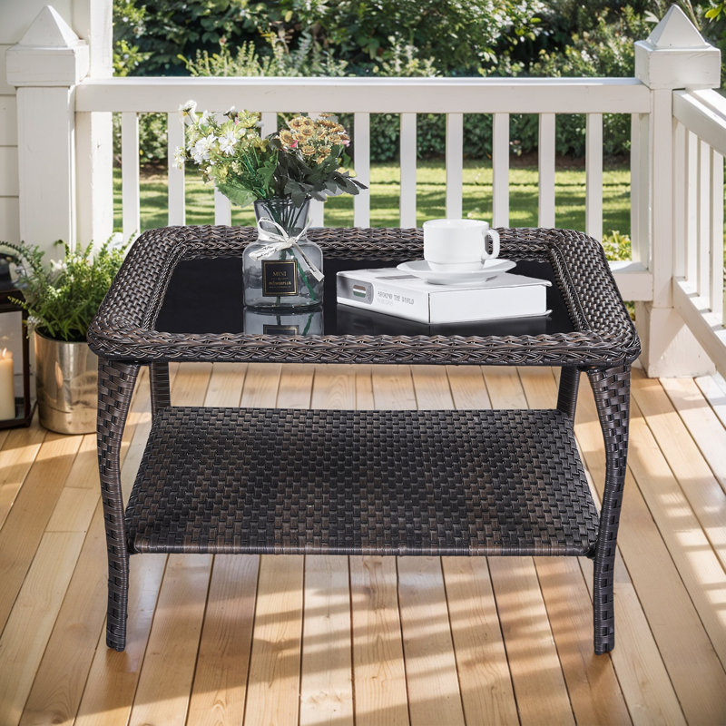 Wendye Stylish Outdoor Wicker Coffee Table With Glass Top, Brown