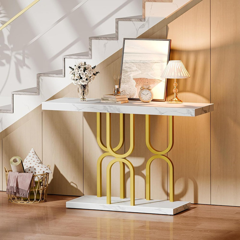 Table d'entrée 47,2 pouces avec plateau en marbre, console moderne, table d'appoint, pour entrée, couloir, entrée, vestibule, base en métal en U, marbre blanc et or