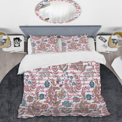 Motif rayé rose et bleu - Ensemble de housse de couette abstrait - Microfibre de polyester