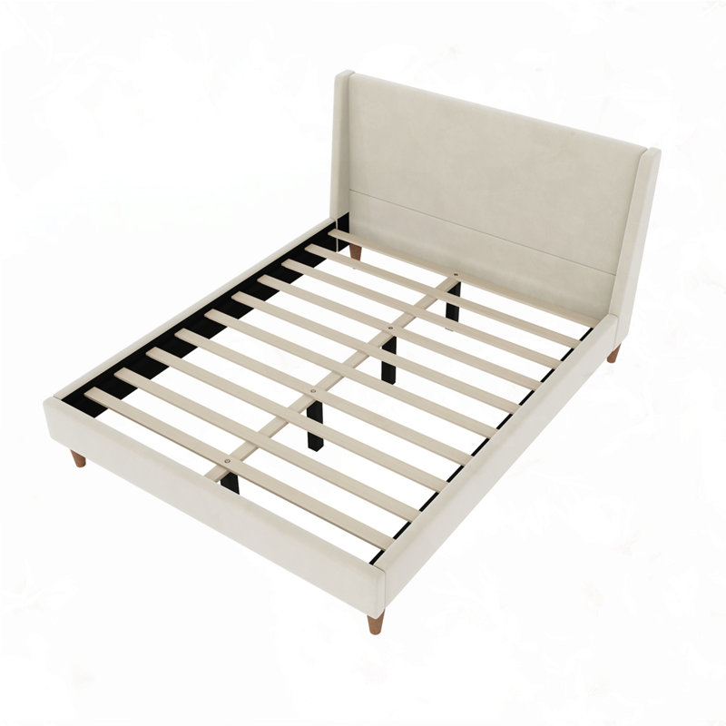 Lit plateforme tapissier moderne en velours beige avec tête de lit à oreilles et pieds en bois, aucun sommier nécessaire, grand
