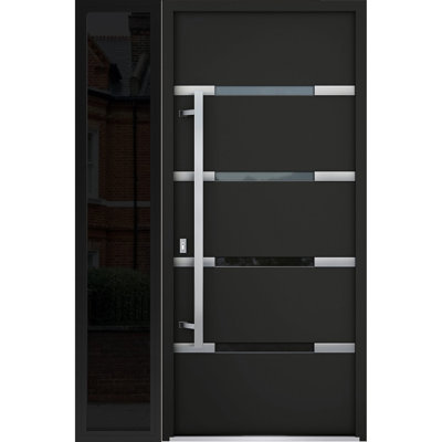 Façade avant en acier pré-suspendue / deux portes en émail noir 1105 / fenêtre extérieure latérale avec insert latéral en acier inoxydable et entrée en métal peint moderne l 36 po x H 80 po à droite