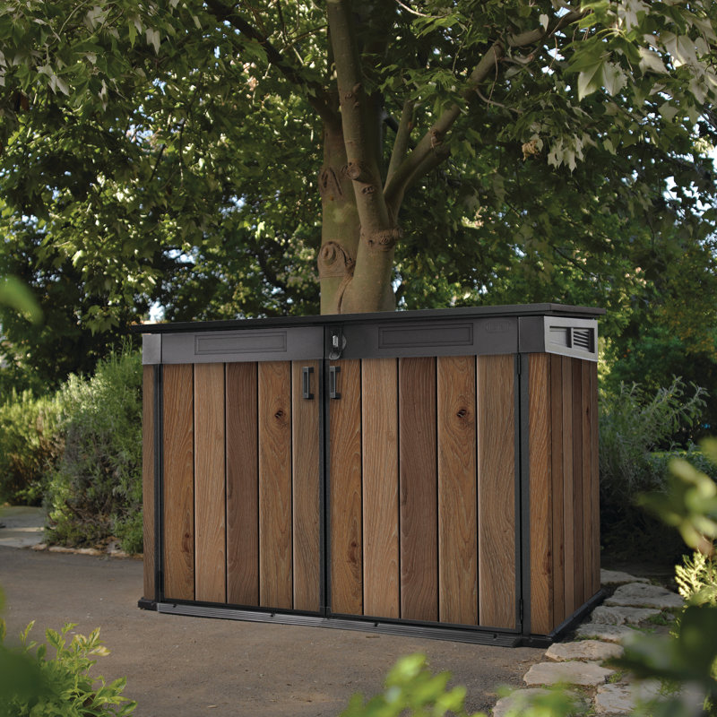 Keter Signature Collection Horizontal Durable Resin Outdoor Storage Shed With Floor and Double Doors for Furniture Trash Bin and Bike, Walnut