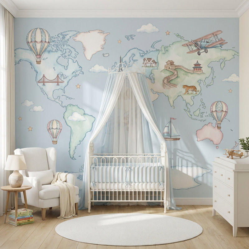 Murale emblématique de la carte du monde avec montgolfière, 100 po x 96 po, Peler et coller
