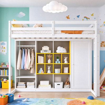 Loft Bed With Cabinet, Open Wardrobe And Bookcase