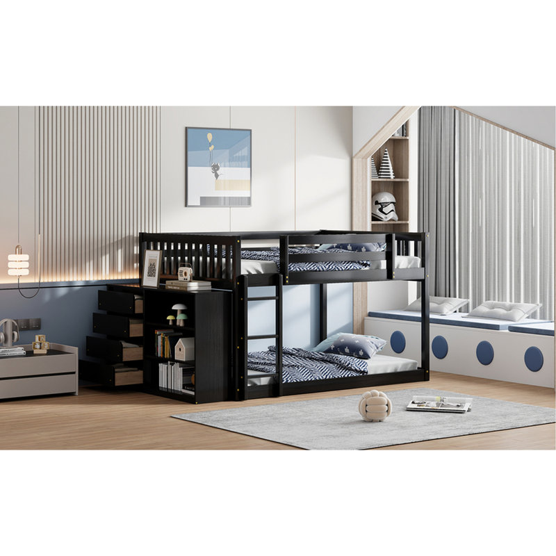 Lit double superposé double avec rangement, 4 tiroirs et 3 tablettes, fabriqué en bois de pin massif pour un cadre de chambre à coucher élégant et un espace de rangement, tablettes charmantes
