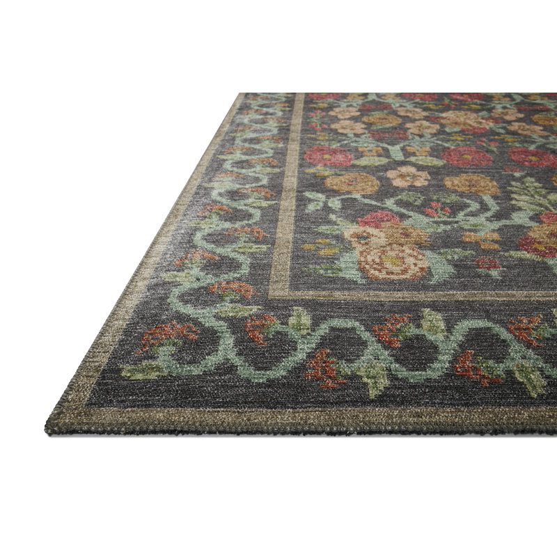 Black Floral Synthetic 5' x 7' Area Rug