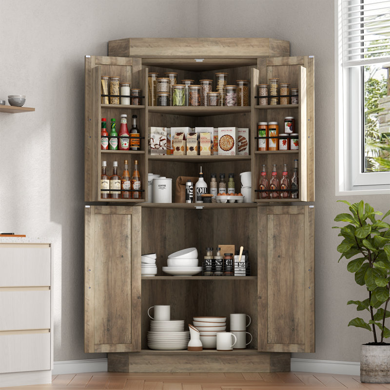 71" Tall Corner Cabinet,Kitchen Pantry Storage Cabinets,Freestanding Corner Pantry Cabinet With 4 Doors And Shelves,Tall Food Pantry Farmhouse Furniture With Side Rack For Kitchen Dining Room(Retro)