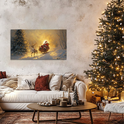 Art mural sur toile GUTTATY Christmas, peinture sur toile Père Noël traîneau et renne, décoration murale scène d'hiver chaud, affiche suspendue festive pour le salon, la chambre à coucher, les espaces familiaux des Fêtes, 32 po x 16 po