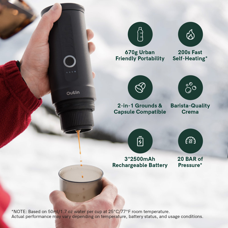 Machine à expresso électrique portative OutIn Nano, cafetière de voyage pour camping, cafetière de voiture auto-chauffante avec USB-C, avec café moulu et capsule NS pour véhicule récréatif, randonnée, bureau