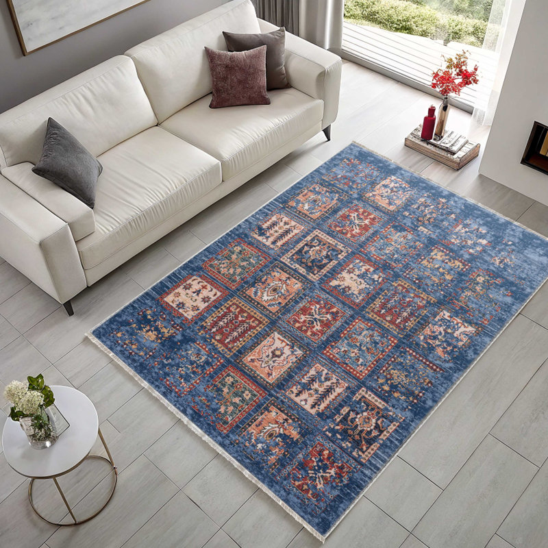 Kilim anti-dérapant bleu en coton chenille multicolore, Rectangle 2 pi 8 po x 11 pi 6 po