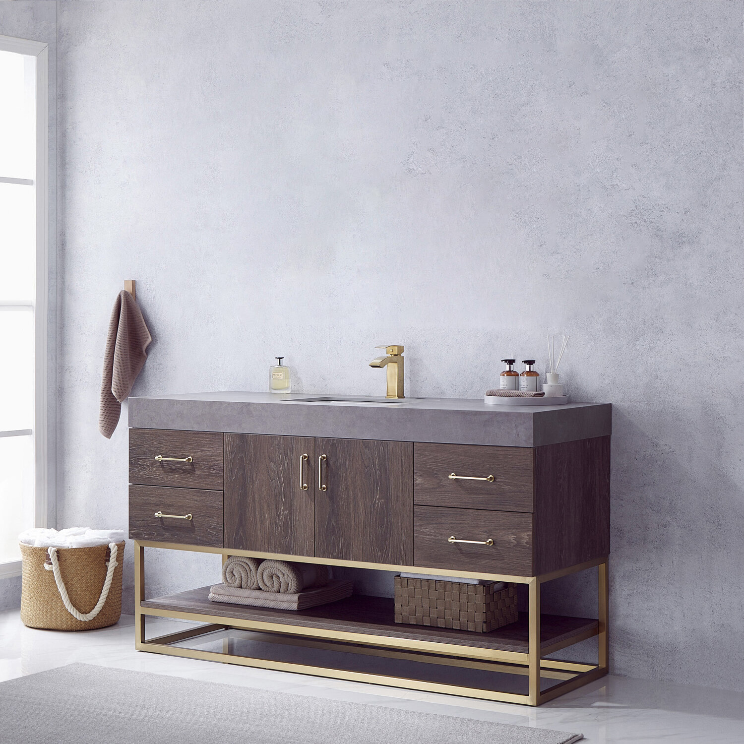  Columbia 72 Single Vanity, Latte Oak, Radiant Gold w/Glossy  White Solid Surface Top : Tools & Home Improvement