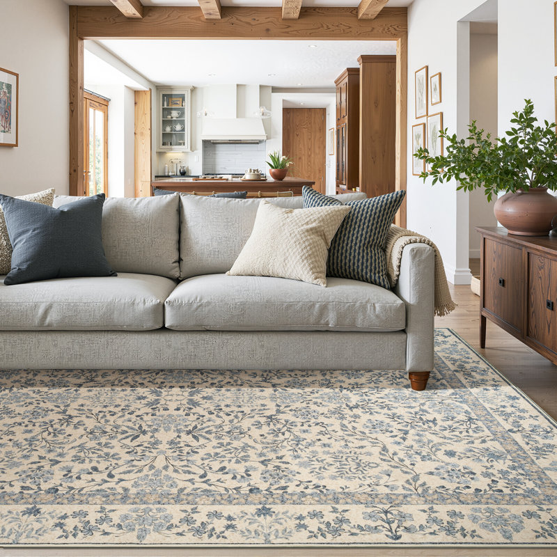 Floral Machine Washable Area Rug, Rectangle 8' x 10', Blue