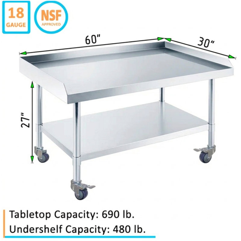 Express KitchQuip Heavy-Duty Stainless Steel Equipment Stand / Rolling Work Table 27" H x 60" L x 30" D with Wheels and 3-Side Upturn