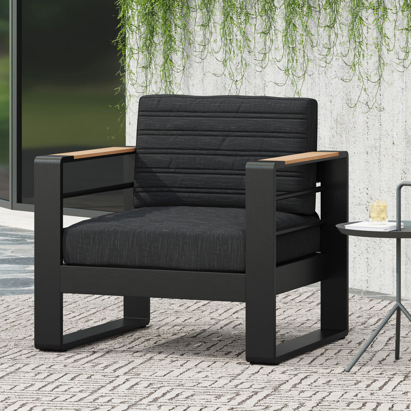Vibrant Club Chair - Metal & Wood, Water- Cover, Slat Outdoor Aluminum, Cushions, Stable Design, 31.64"w X 26.9"d