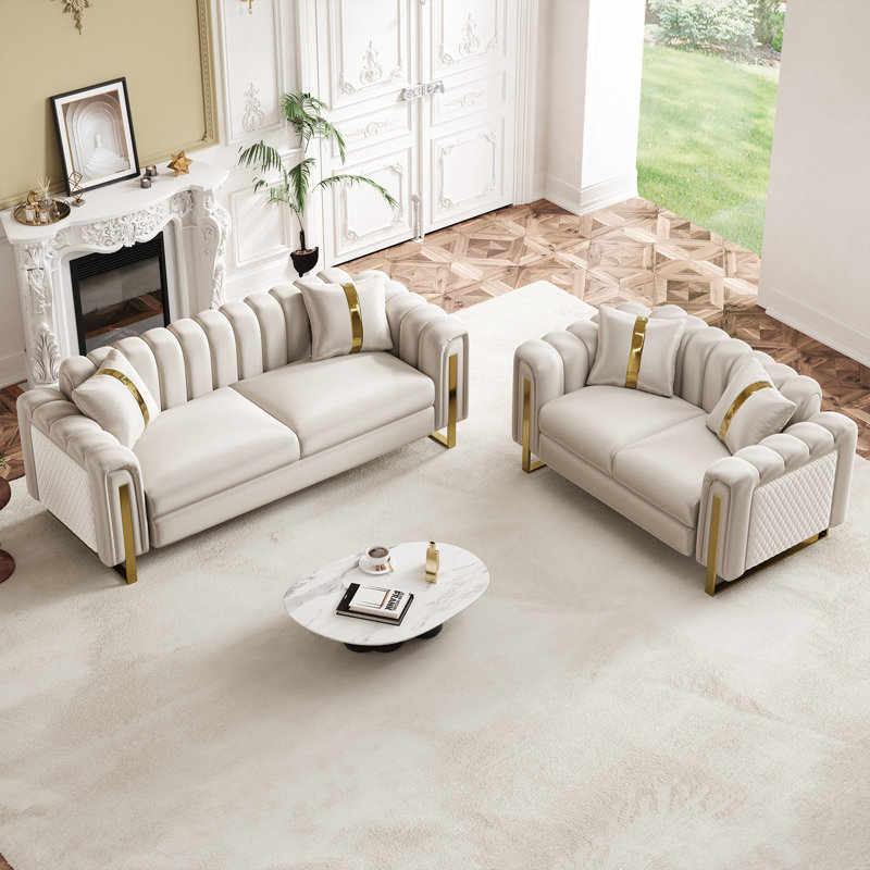 Ensemble de canapés en velours dégradé 2 pièces avec accoudoirs dorés, Beige