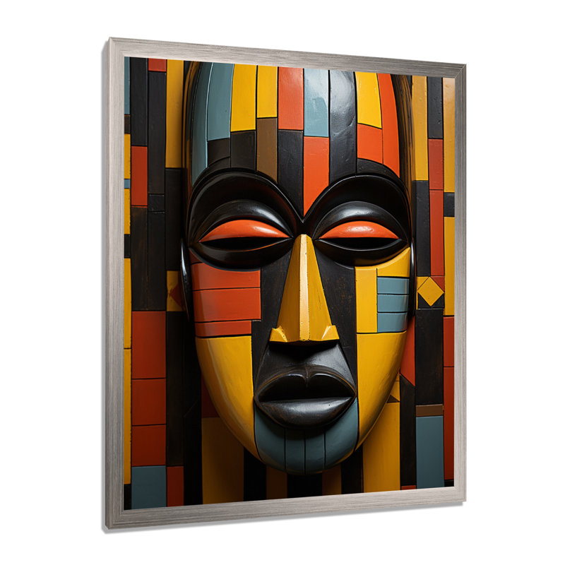 Bonneval, masque tribal africain Kente II - art mural tribal africain, H 44 po x l 34 po, Cadre photo unique, Argent argent