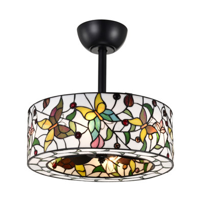 Jorga 6-light Tiffany Glass Fandelier Lighted Ceiling Fan Butterfly Design Remote Control - White-multicolor