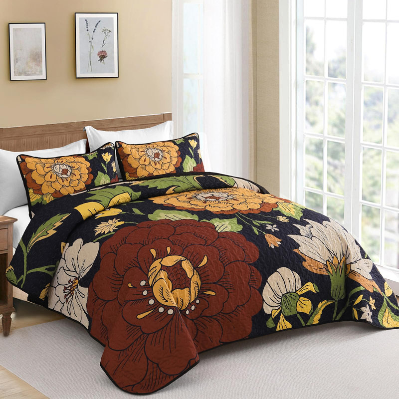 Ensemble de courtepointe 3 pièces Floral Botanical Boho Farmhouse, Courtepointe pour lit grand + deux taies décorati, Noir