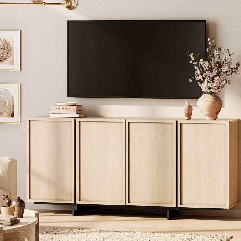 Maisonet Modern TV Stand For Tvs Up To 75", Wooden Entertainment Center TV Console With 4 Door Closed Storage And T-Shaped Wood Legs, Media Console Cabinet For Living Room, Bedroom, 