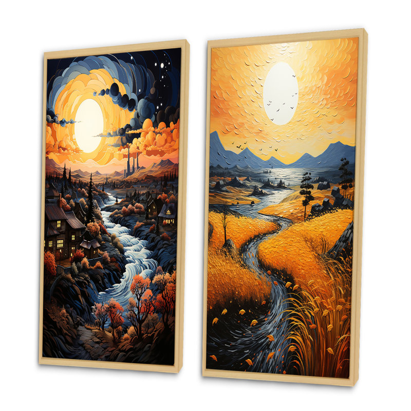 «Vangogh Village At Sunset», 2 pièces, Encadrement brun, H 40 po x l 40 po