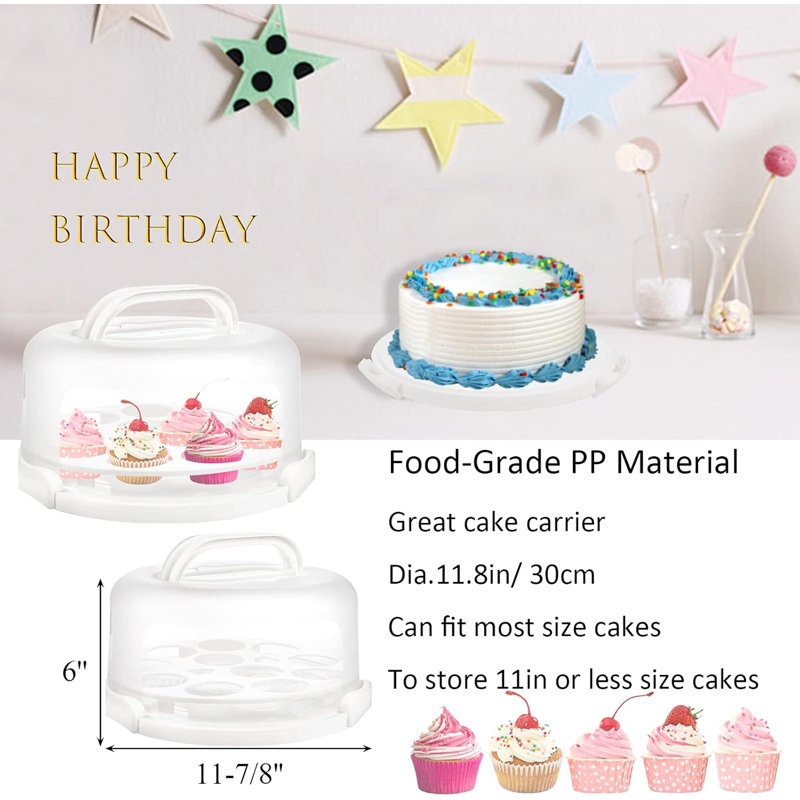 Cake Carrier with Collapsible Handle - White Cake Container and Holder with Lid