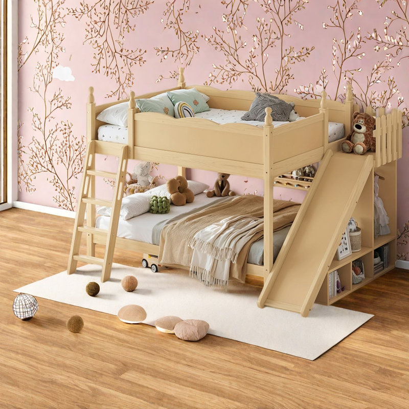 Lits avec glissière de rangement, lit double en bois sur lit double, chambre d'enfant moderne
