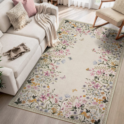     Tapis floral beige lavable 4 x 6 avec envers antidérapant Floral