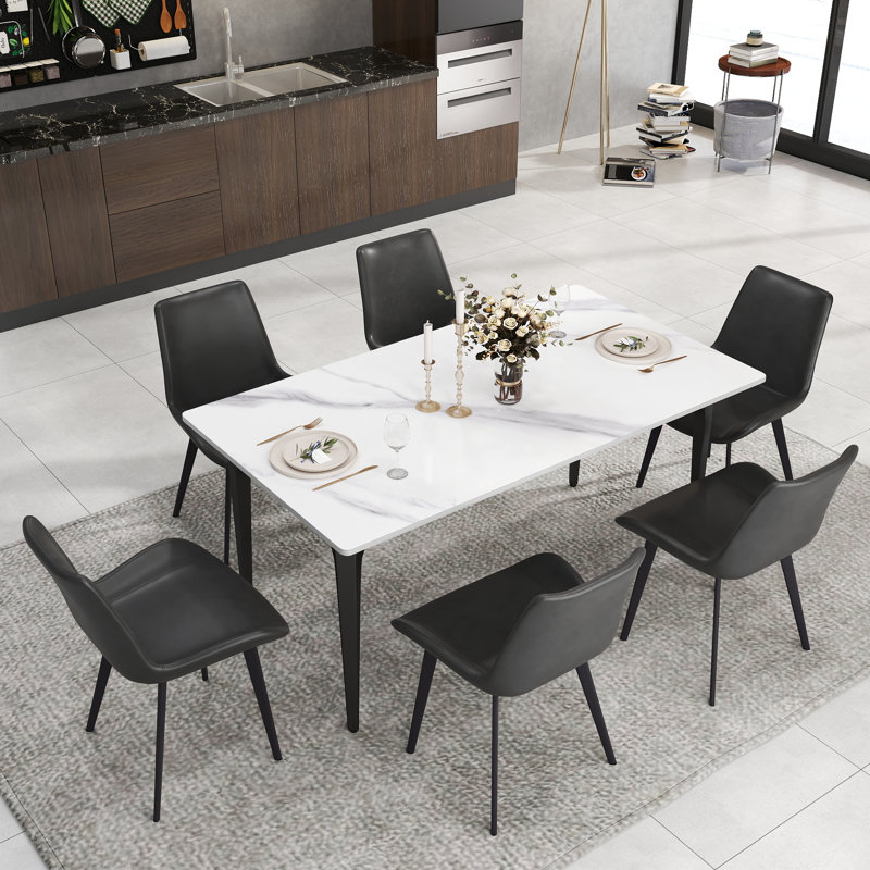 6 Seat Modern Stone Dining Table Set With Faux Leather Side Chairs, 7-piece Dining Set, White, Gray