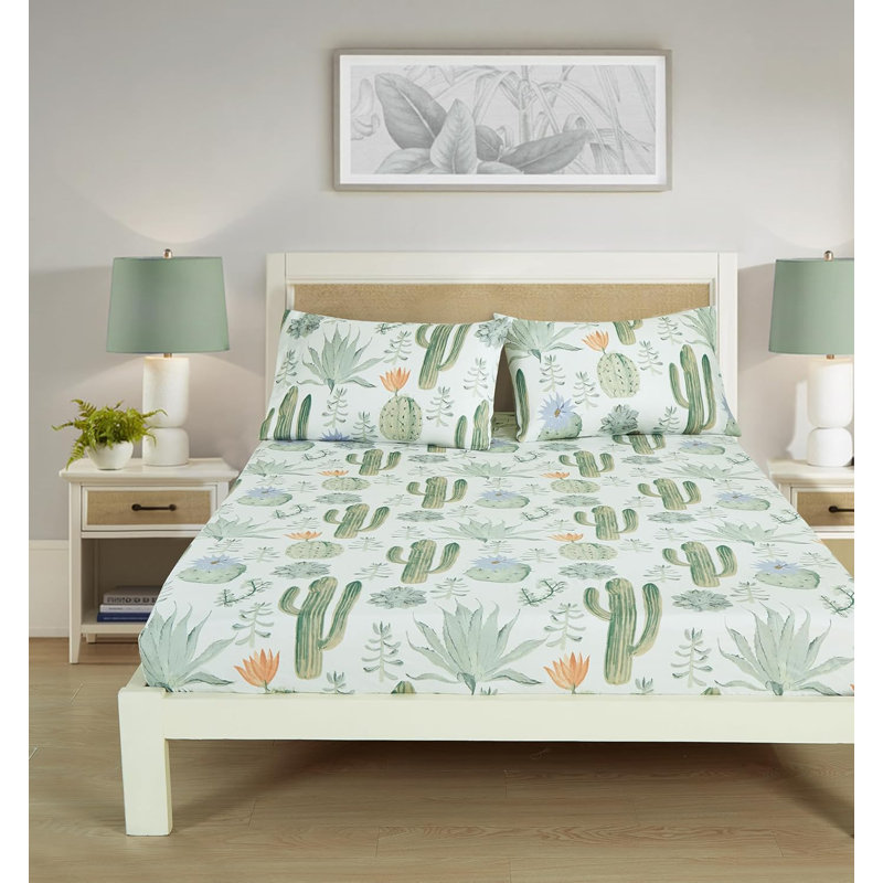 Queen Green Cactus Succulent Print Microfiber Bed Sheet Set